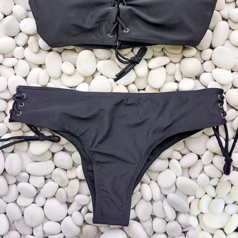 Lace Up Front Racer Bikini Swimsuit Two Piece Set - Picture 10 of 11